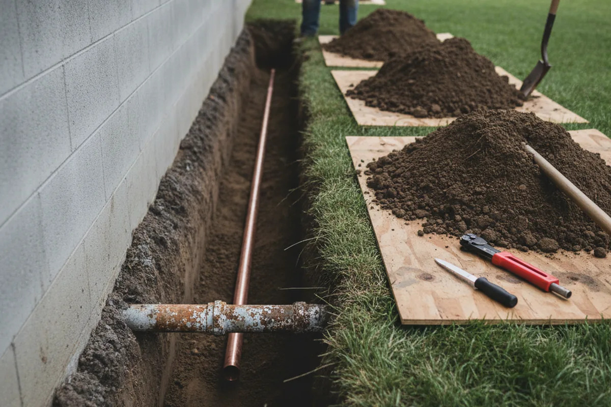 Excavated water line trench during Sewer Line Repair in Gervais